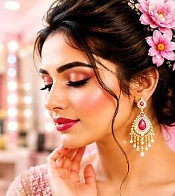 Reception look with rose makeup and floral hairstyle