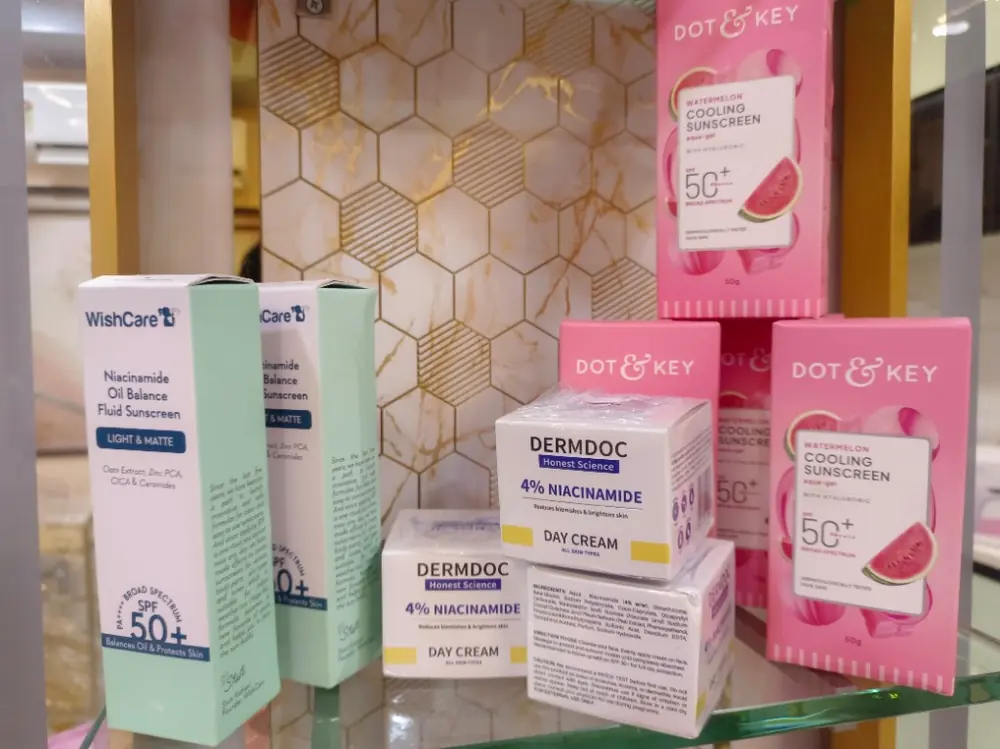 WishCare sunscreen, Dermdoc niacinamide cream and Dot & Key watermelon sunscreen